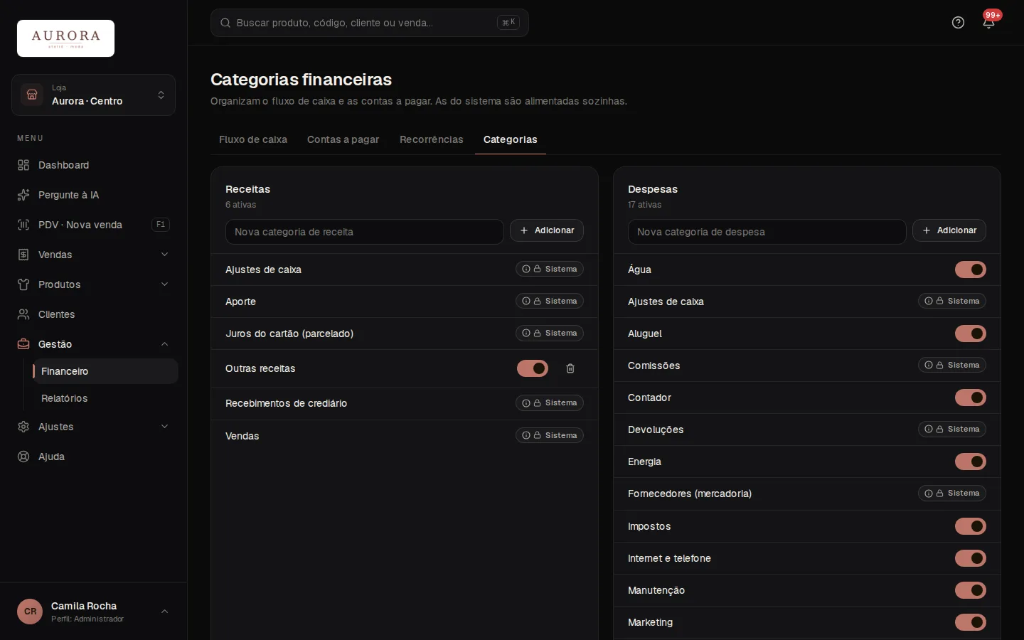 Tela: Gestão › Financeiro › Categorias