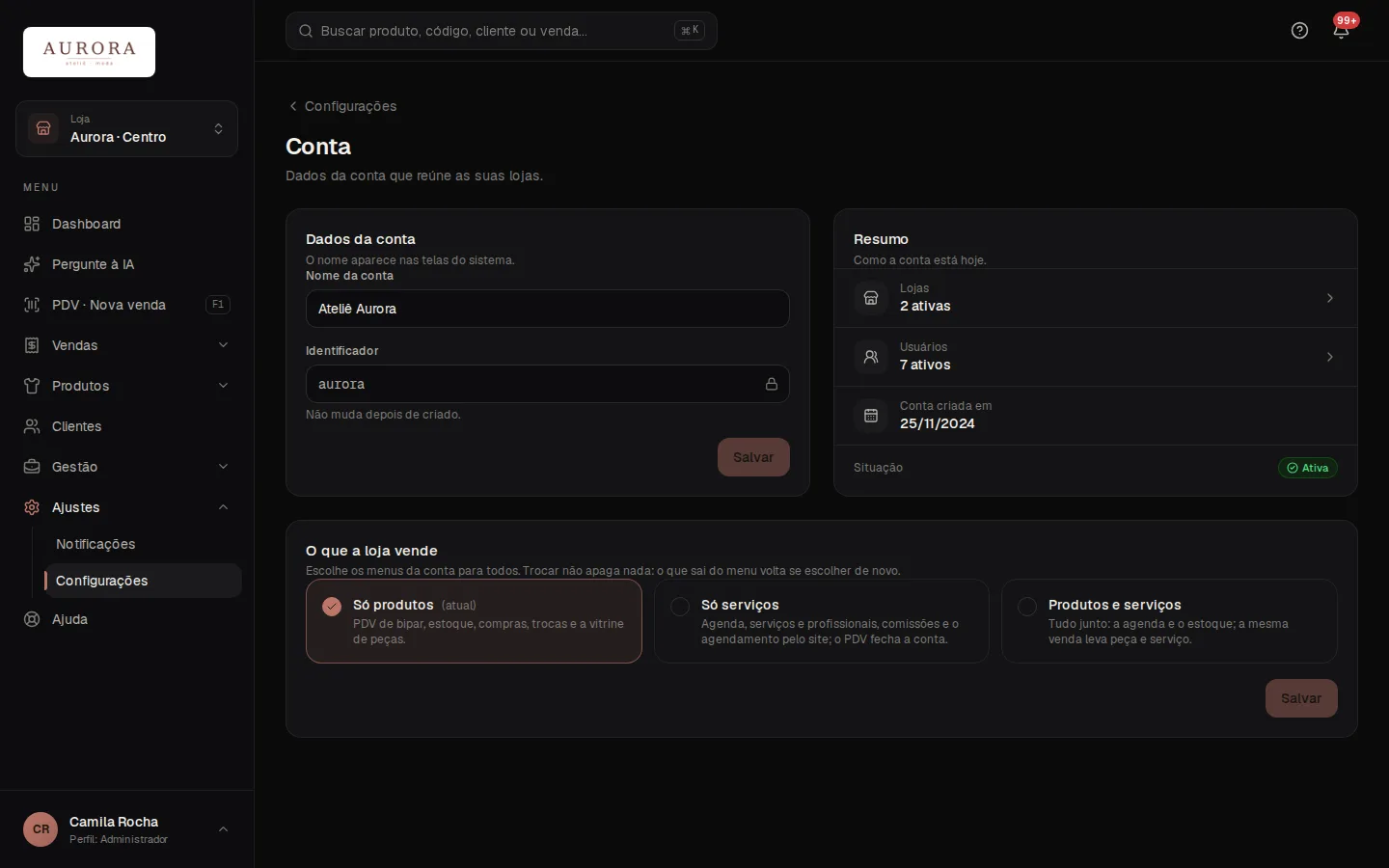 Tela: Ajustes › Configurações › Conta