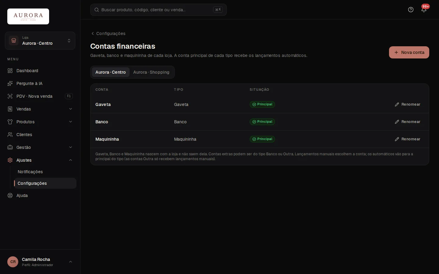 Tela: Ajustes › Configurações › Contas financeiras