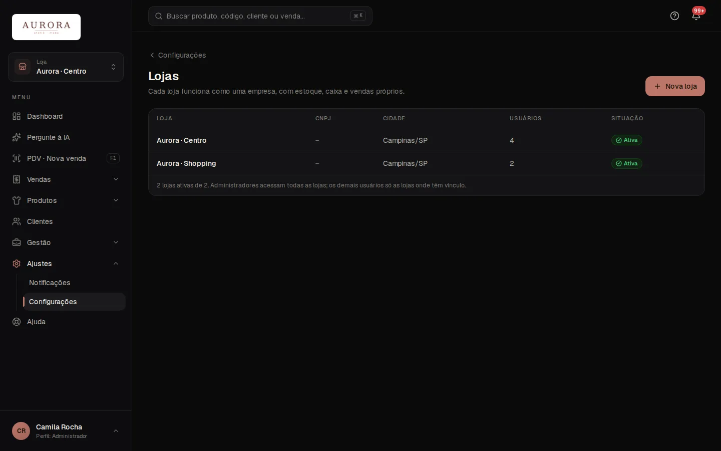 Tela: Ajustes › Configurações › Lojas