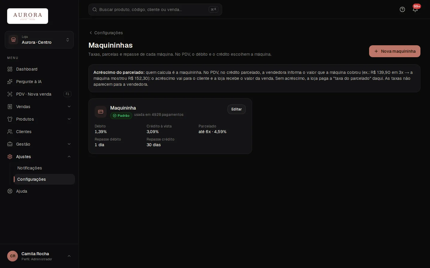 Tela: Ajustes › Configurações › Maquininhas
