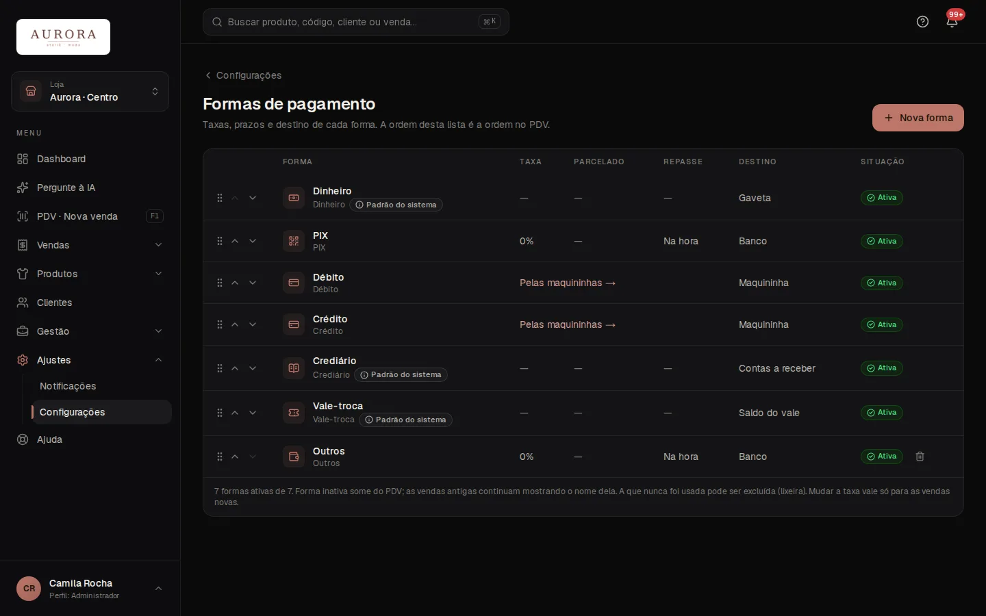 Tela: Ajustes › Configurações › Formas de pagamento