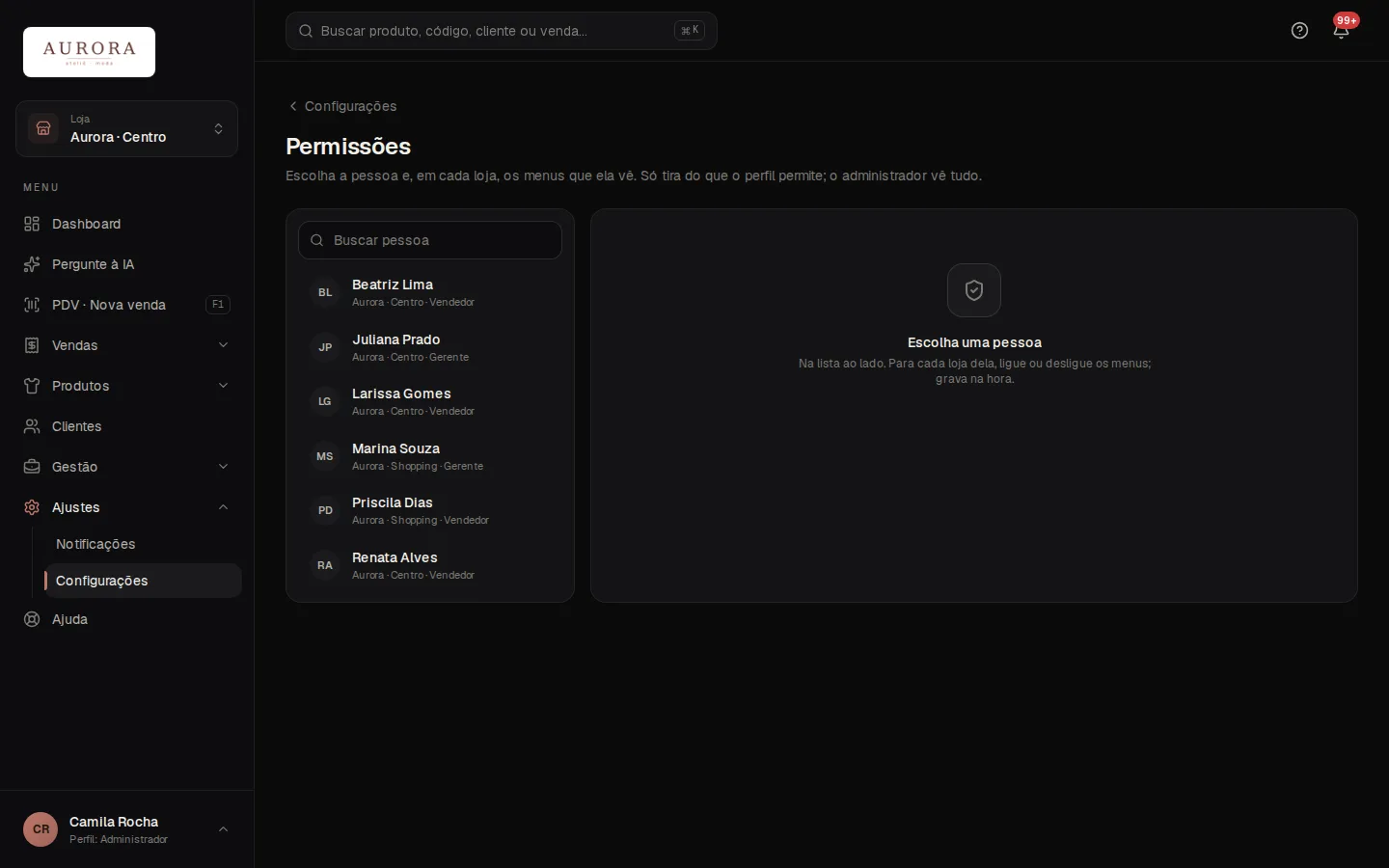 Tela: Ajustes › Configurações › Permissões