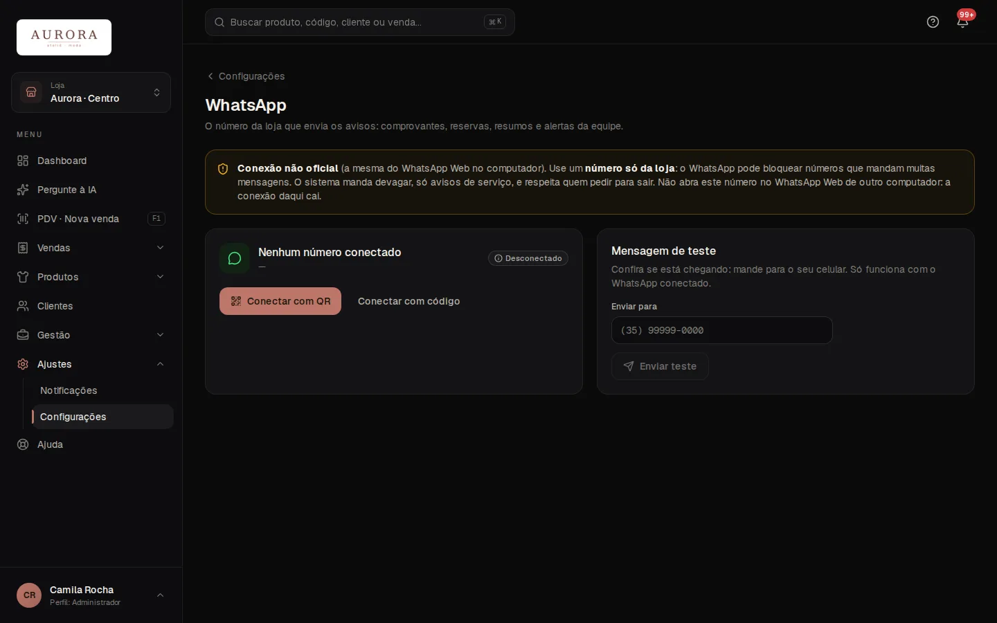 Tela: Ajustes › Configurações › WhatsApp