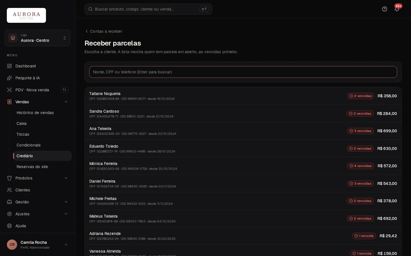 Tela: Vendas › Crediário › Receber