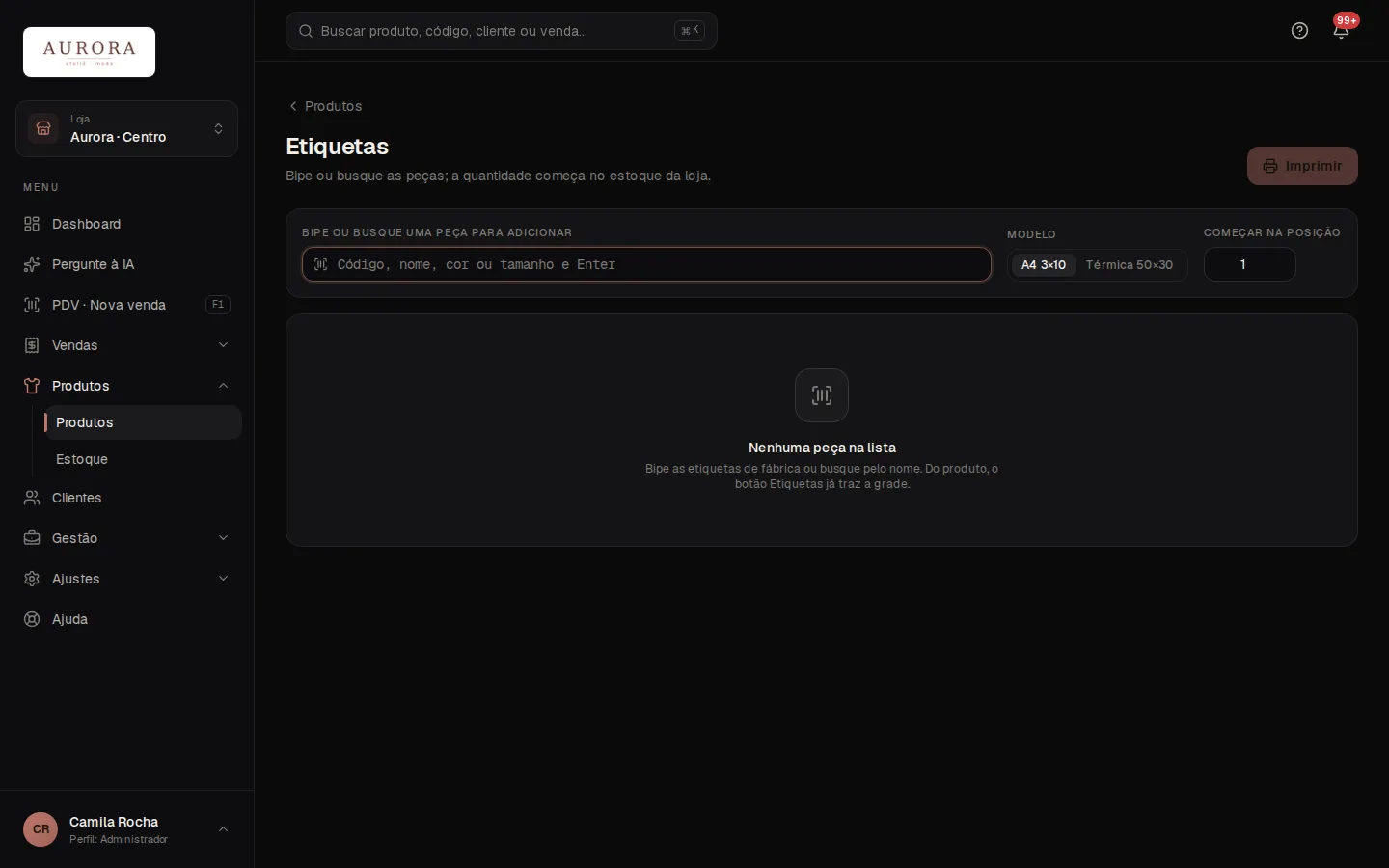 Tela: Produtos › Produtos › Etiquetas