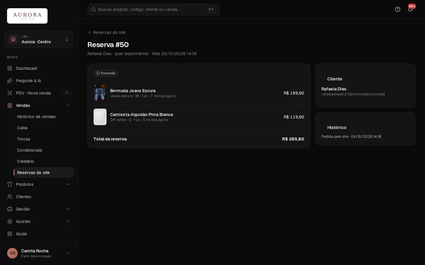 Tela: Vendas › Reservas do site › Virar venda