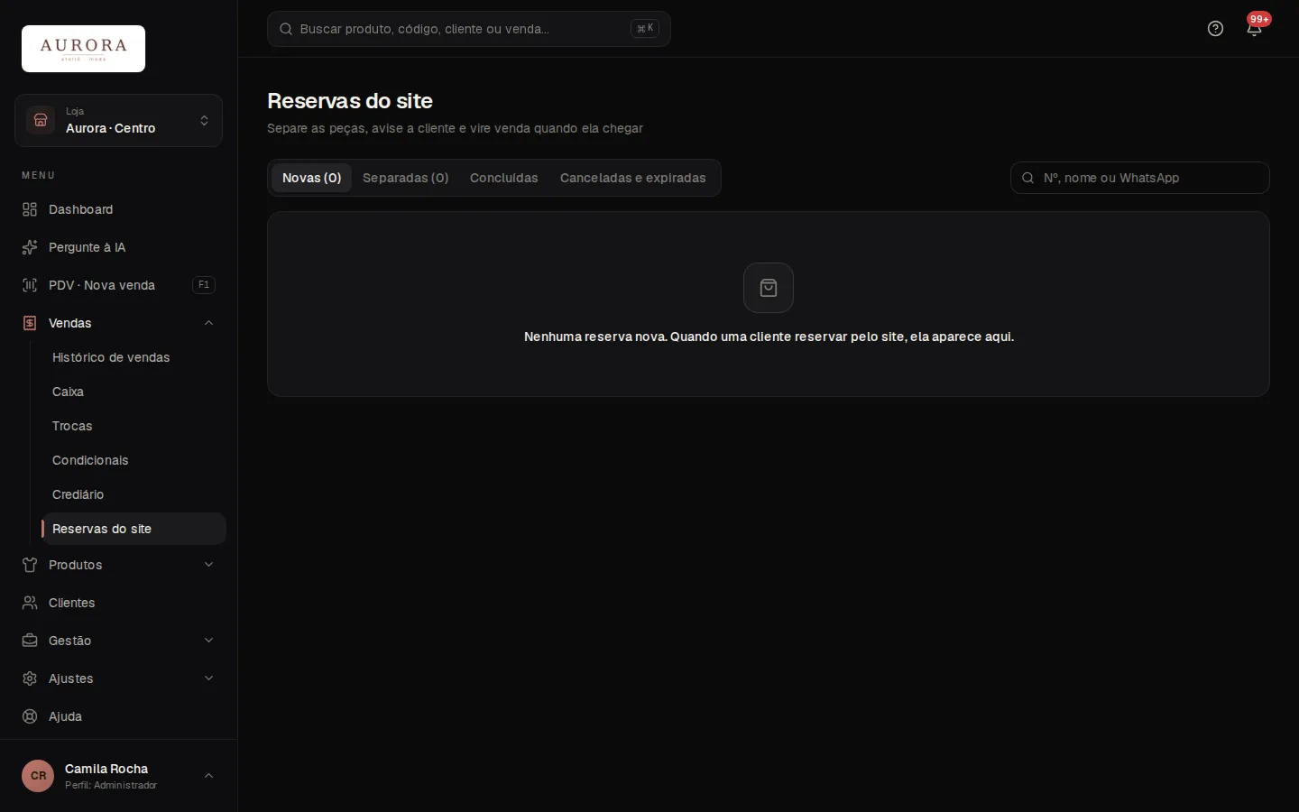 Tela: Vendas › Reservas do site