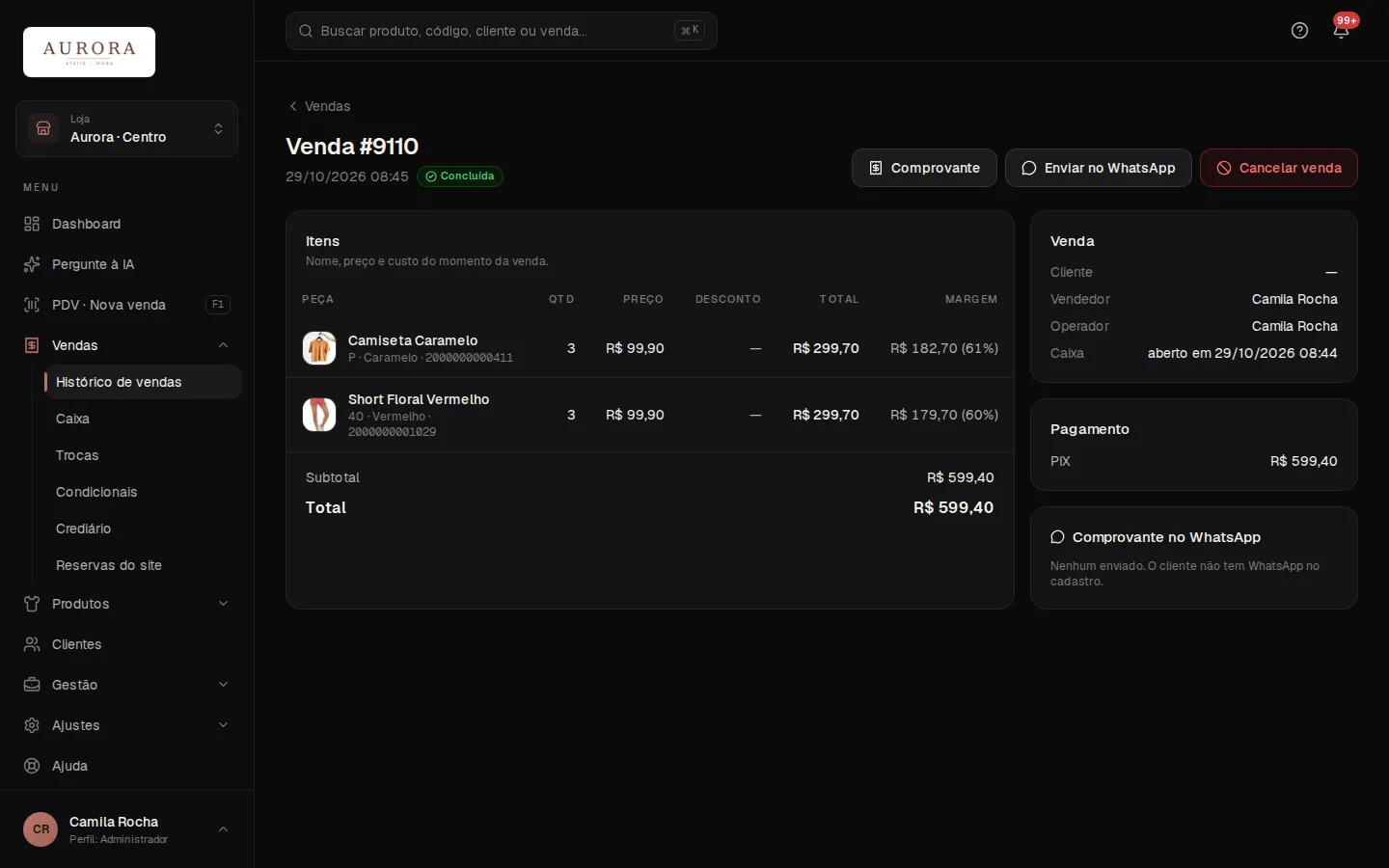 Detalhe de uma venda com itens, pagamento e comprovante no WhatsApp