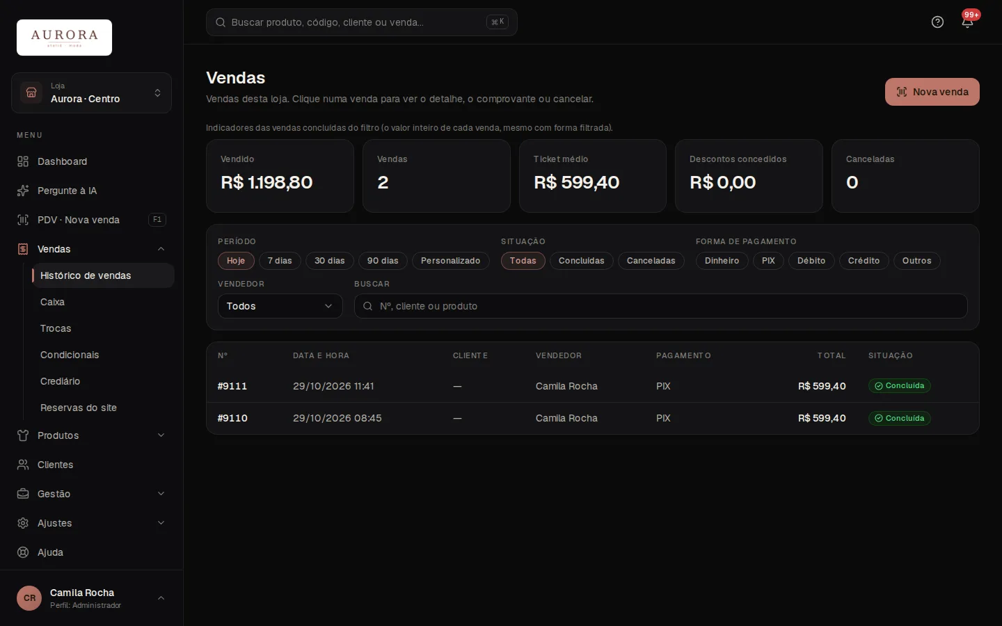 Lista de vendas com totais do dia e filtros